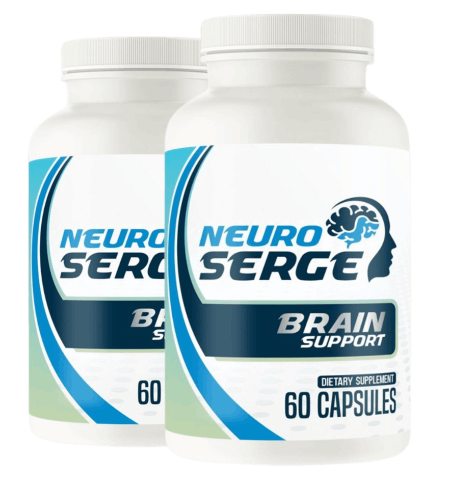 Two bottles of Neuro Serge brain support dietary supplement, 60 capsules each